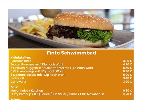 Speisekarte Schwimmbad