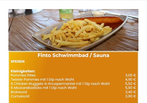 Speisekarte Schwimmbad + Sauna am Mittwoch